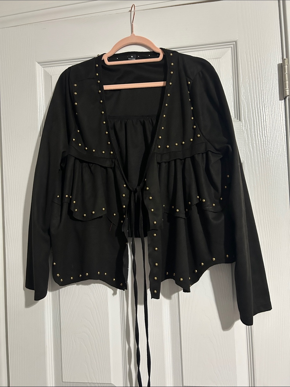 SHEIN Black Studded Tie-Front Ruffle Jacket